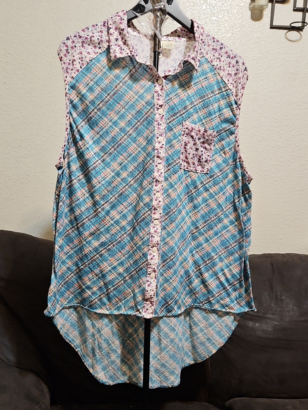 Passport Blue Plaid Sleeveless Button-Front Top with Purple Floral Trim